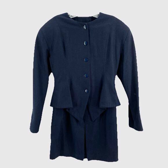 Vintage Avant garde Blazer Women 0 Navy Skirt Set Midi Slit Wool* Victorian Suit - Picture 16 of 16